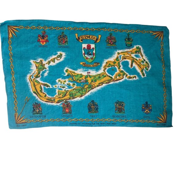 Vintage Irish Linen Bermuda Map Tea Towel Crests By Decorama Made in Ireland - Picture 1 of 9